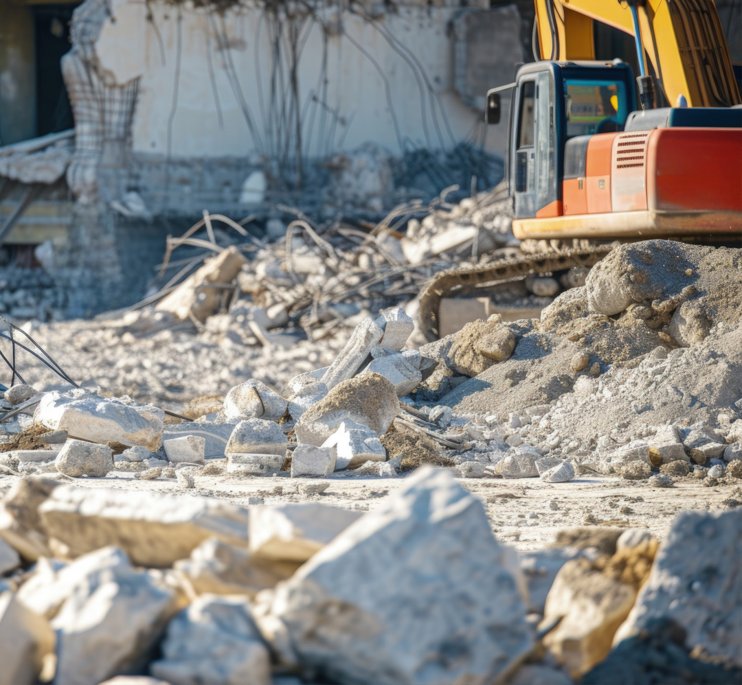 Excavator on a demolition site surrounded by rubble and debris from a building.
