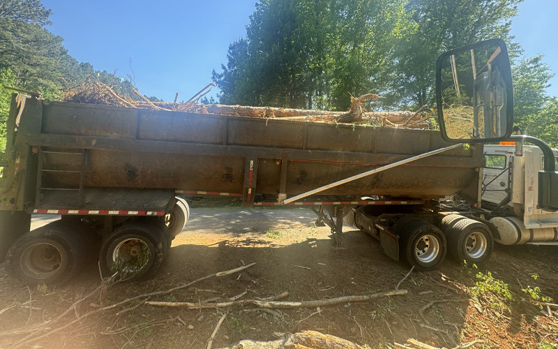 Side view of a dump truck loaded with tree debris parked on a dirt road.